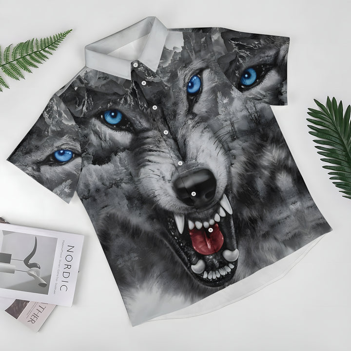 Men's Wolf Print Casual Short Sleeve Shirt 2404000450