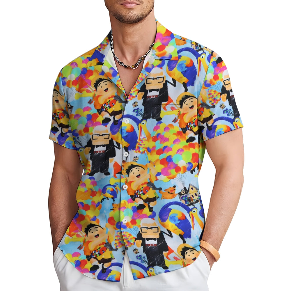 Cartoon Flying House Balloon Print Casual Short Sleeve Shirt 2408007172