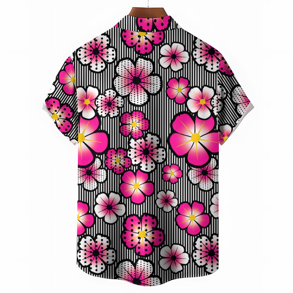 Striped Flower Print Casual Short Sleeve Shirt 2408004643