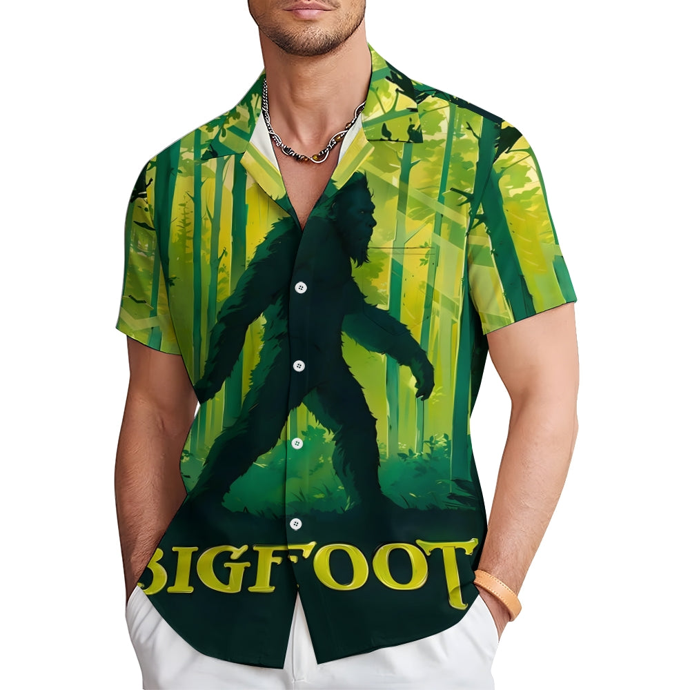 Bigfoot Forest Print Casual Short Sleeve Shirt 2408002747