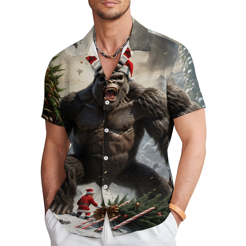 Merry Christmas Bigfoot Print Casual Short Sleeve Shirt 2411008170