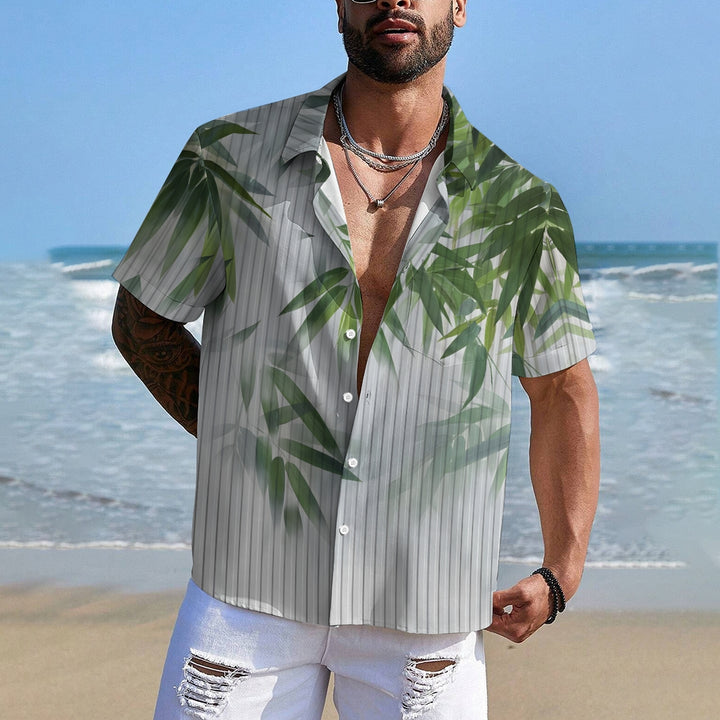 Men's Bamboo Leaf Reflection Glass Print Short Sleeve Shirt 2412002236