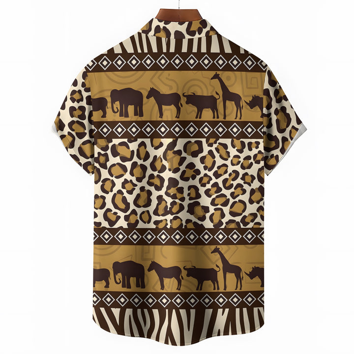 African Savannah Wildlife Print Casual Short Sleeve Shirt 2404001397