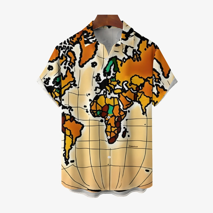 World Map Art Print Casual Short Sleeve Shirt 2409004531