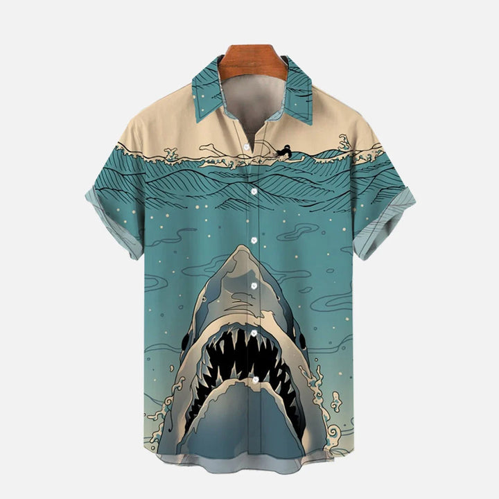 Ukiyo-e Shark Hawaiian Casual Oversized Short Sleeve Shirt