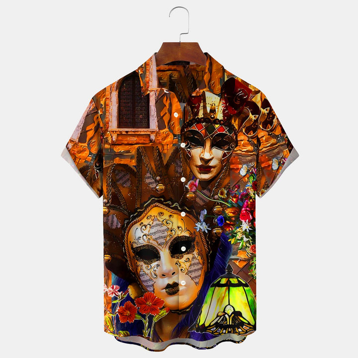 Mardi Gras Witch Mask Print Men's Button Pocket Short Sleeve Shirt