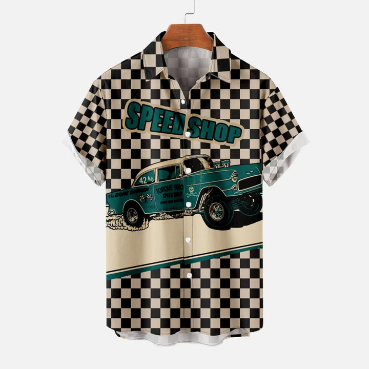 Men's Vintage Speed Shop Print Oversized Short Sleeve Shirt