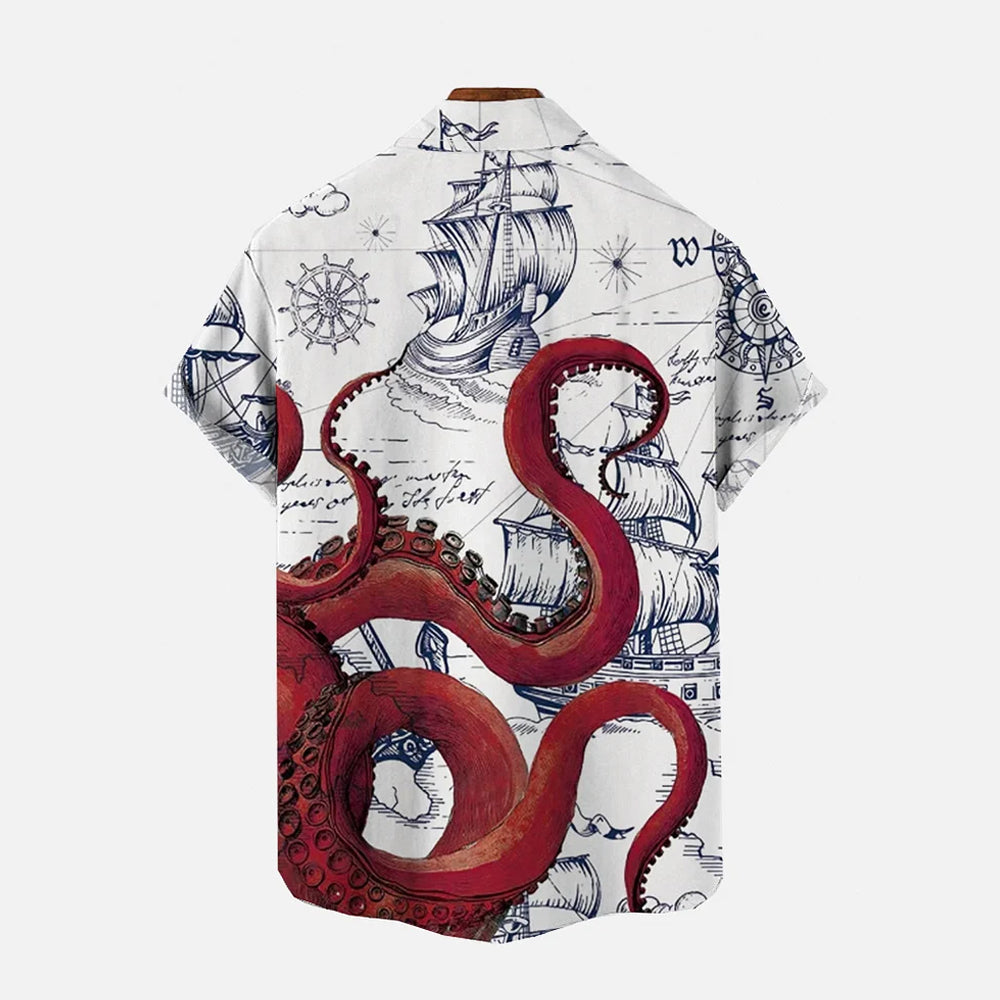 Vintage Casual Octopus Nautical Print Short Sleeve Shirt