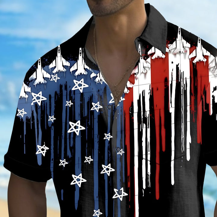 Airplane Flag Print Bamboo Hemp Large Size Short Sleeve Shirt