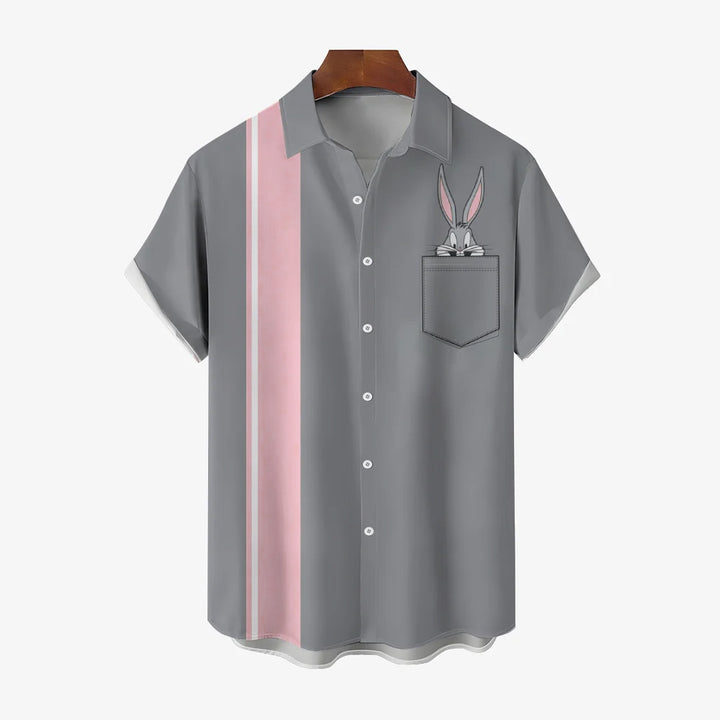 Retro Cartoon Rabbit Striped Print Chest Pocket Short Sleeve Shirt 2405001940