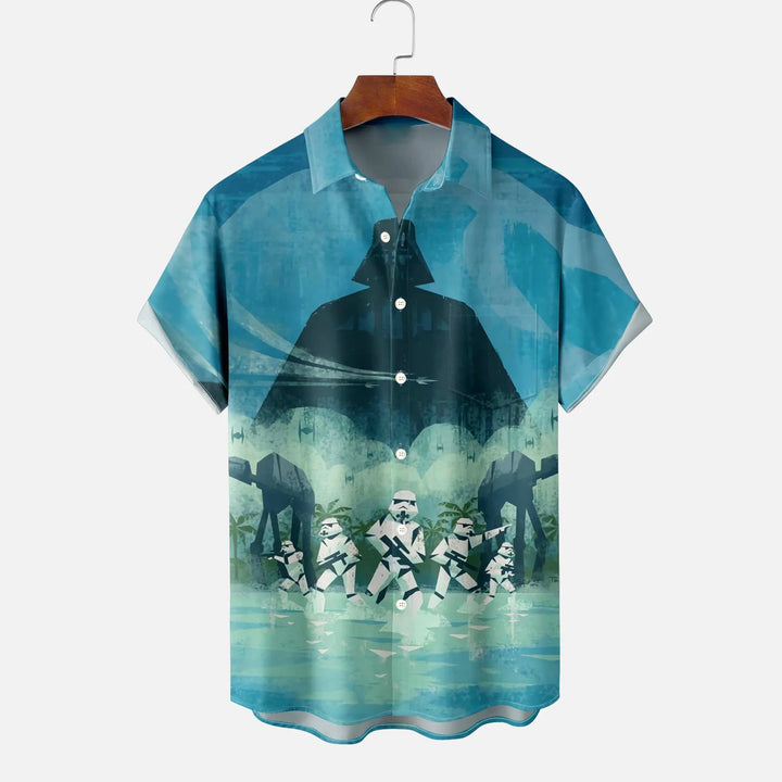 Retro Star Wars Print Men's Large Size Button Pocket Short Sleeve Shirt