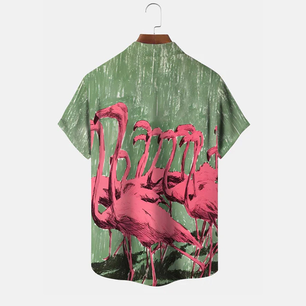 Flamingo Button Pocket Casual Short Sleeve Shirt