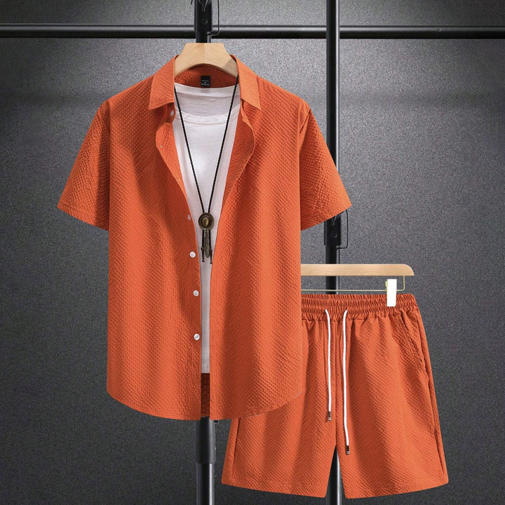 Men's Solid Color Textured Fabric Short-Sleeved Polo Shirt Shorts Suit