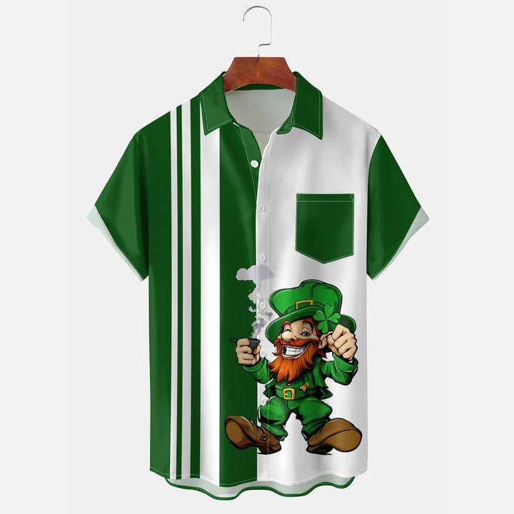 St. Patrick's Day Gnome Clover Green Chest Pocket Bowling Shirt