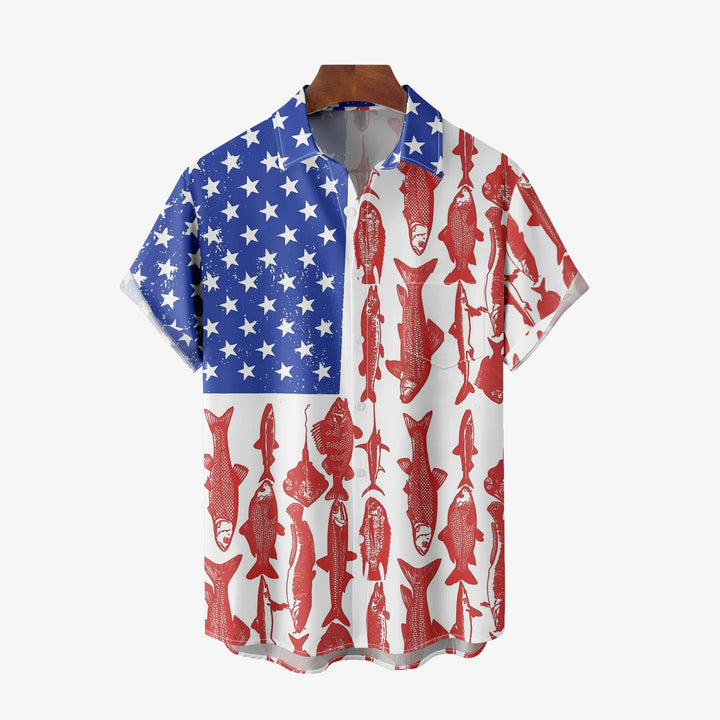 American Flag Large Size Cotton and Linen Short Sleeve Shirt