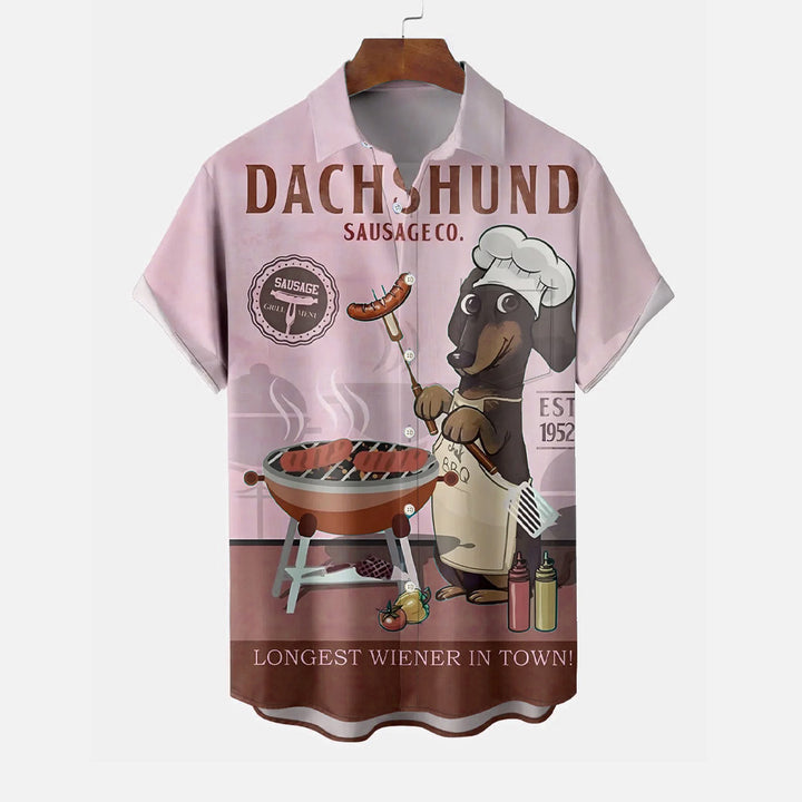 Dachshund BBQ Cartoon Casual Large Size Short Sleeve Shirt