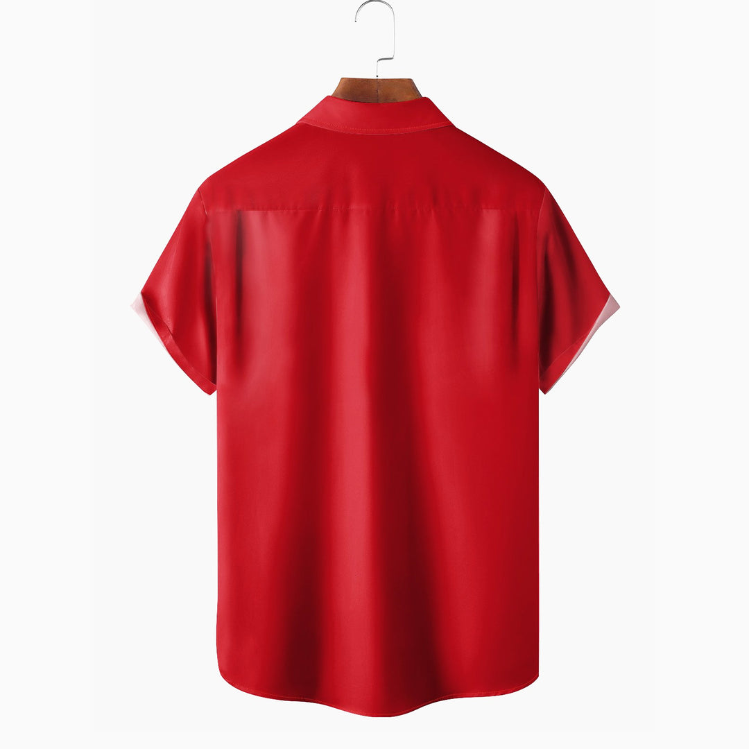 Christmas Santa Cocktail Chest Pocket Bowling Shirt Short-Sleeved Shirt