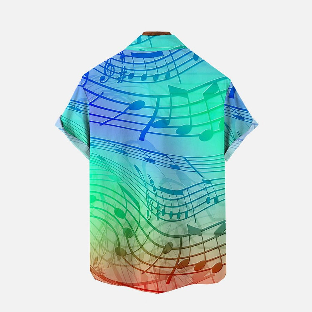 Gradient Music Note Print Chest Pocket Short Sleeve Shirt