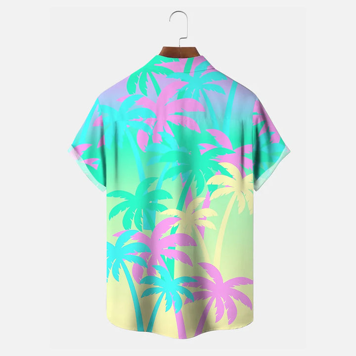 Coconut Tree Gradient Button Pocket Casual Short Sleeve Shirt