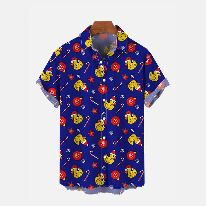 Christmas Cartoon Rubber Duck And Candy Canes Printing Breast Pocket Short Sleeve Shirt