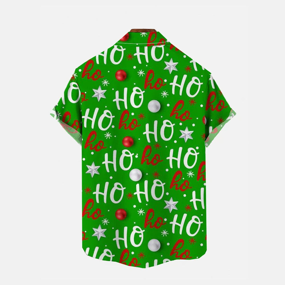 Green Christmas Lights String And Rooster Printing Breast Pocket Short Sleeve Shirt