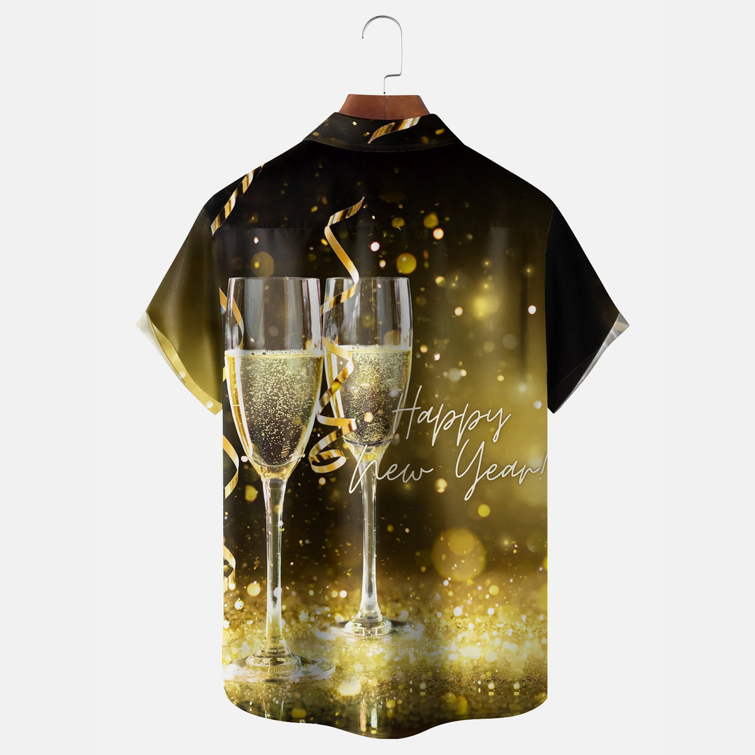 Happy New Year Wine Glass Fireworks Breast Pocket Hawaiian Shirt