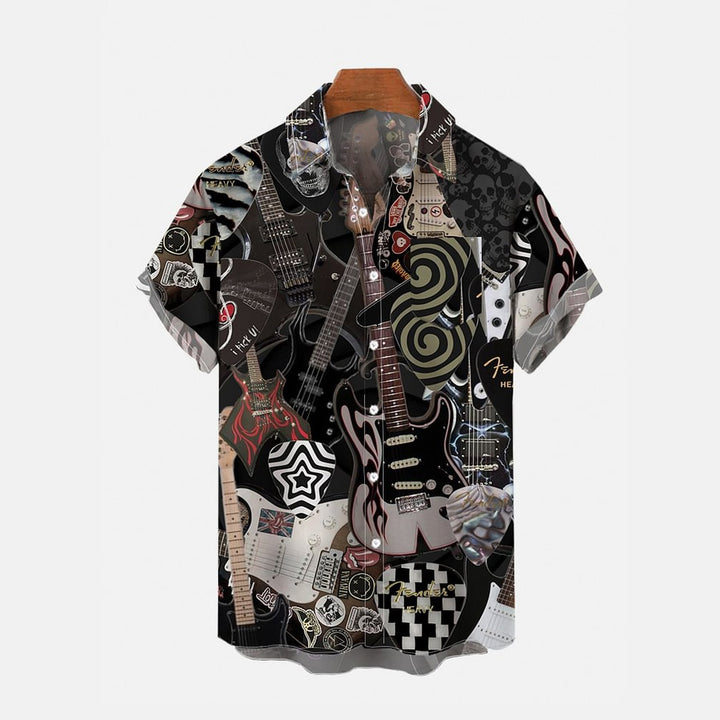 Dark Rock Art Guitar Print Chest Pocket Short Sleeve Shirt