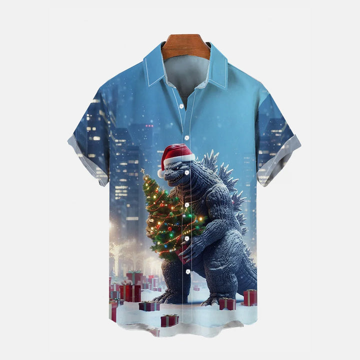 Fat Monster In Santa Hat Holding Christmas Tree Printing Short Sleeve Shirt