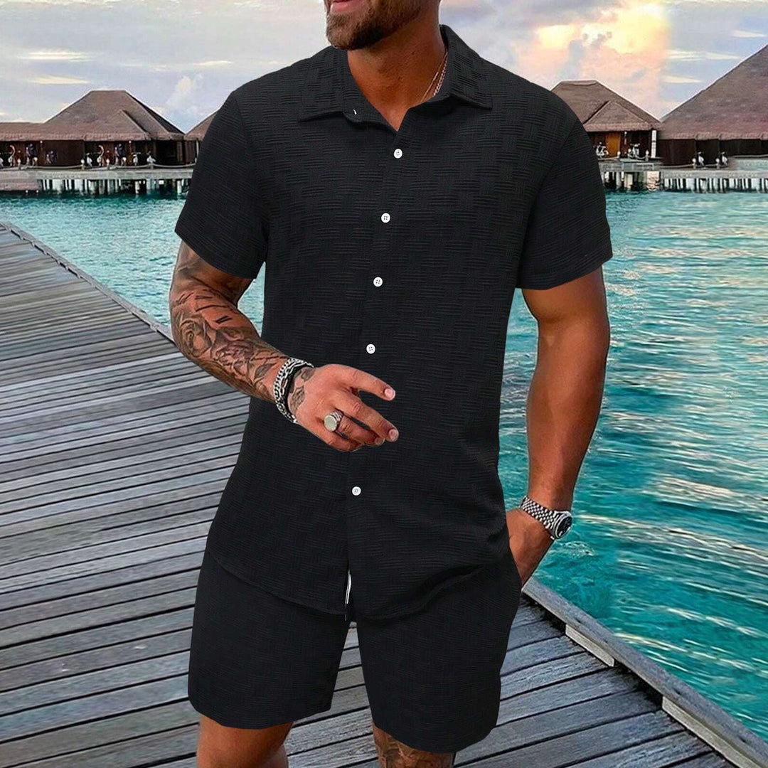 Men's Solid Color Textured Fabric Short-Sleeved Shirt Suit