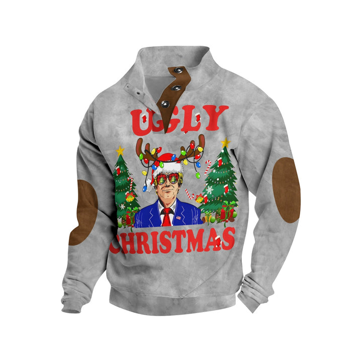 Men's Button Christmas Trump Antlers Lights Printed Casual Long Sleeve Sweatshirt 2411003814