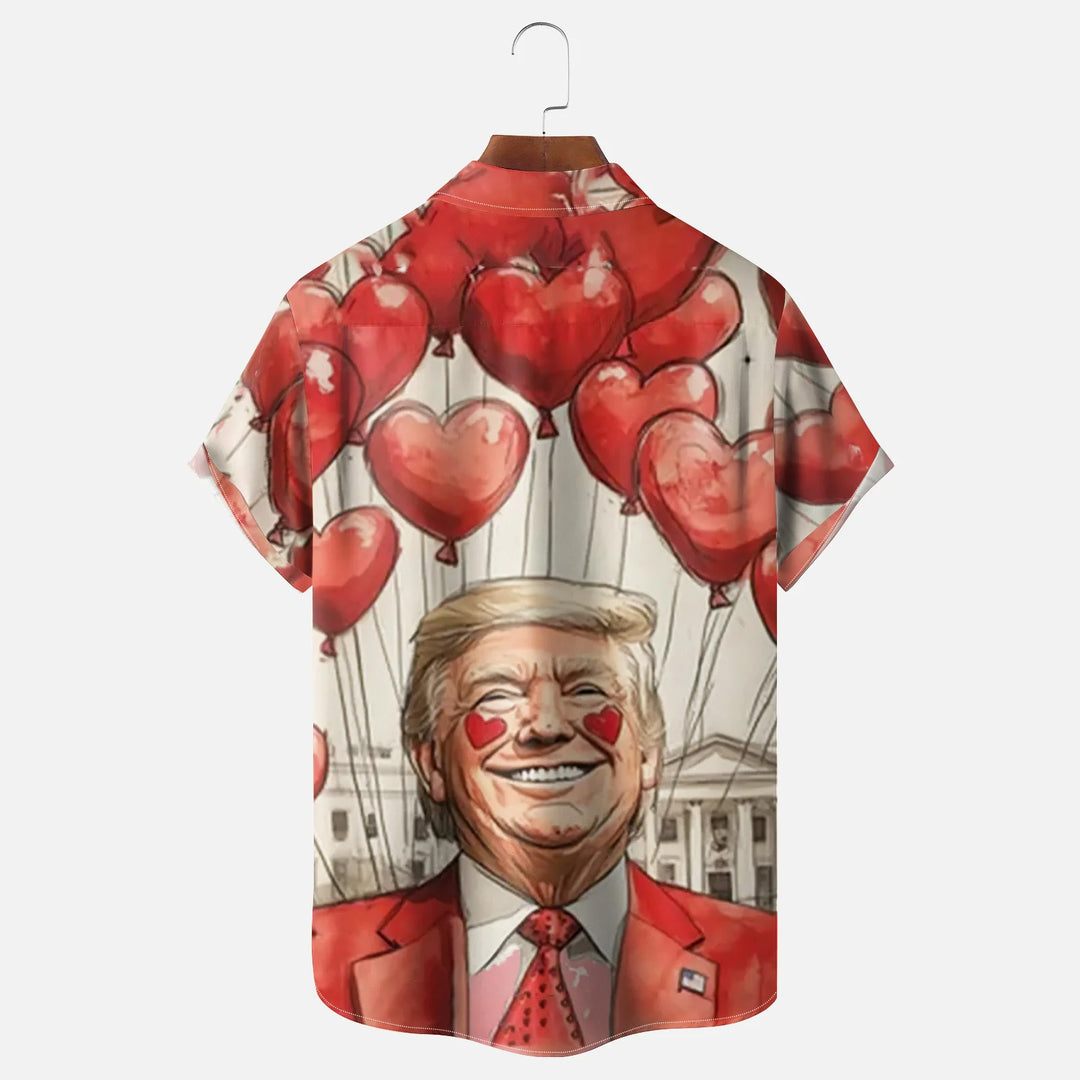 Valentine's Day Trump Heart Chest Pocket Casual Shirt