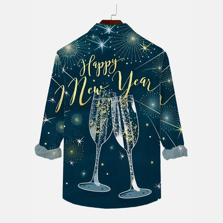 Happy New Year Fireworks and Champagne Print Long Sleeve Shirt