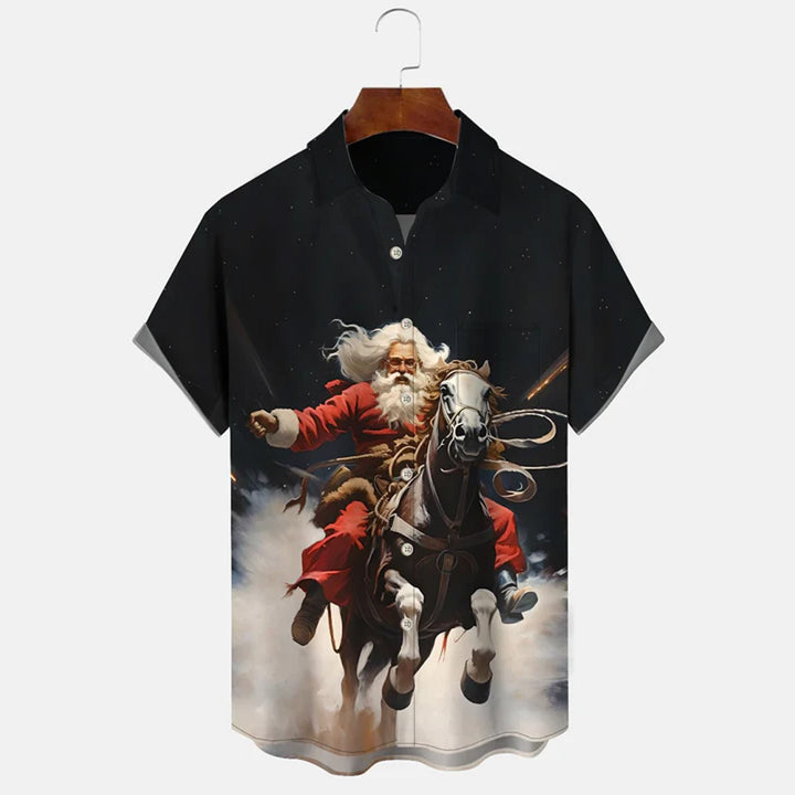 Christmas Funny Santa Riding Button Pocket Casual Short Sleeve Shirt