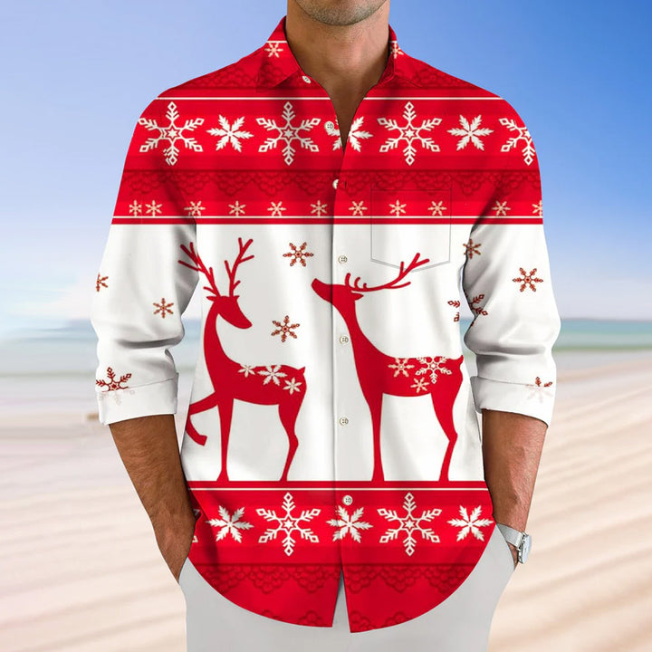 Christmas Elk Button Pocket Casual Long Sleeve Shirt