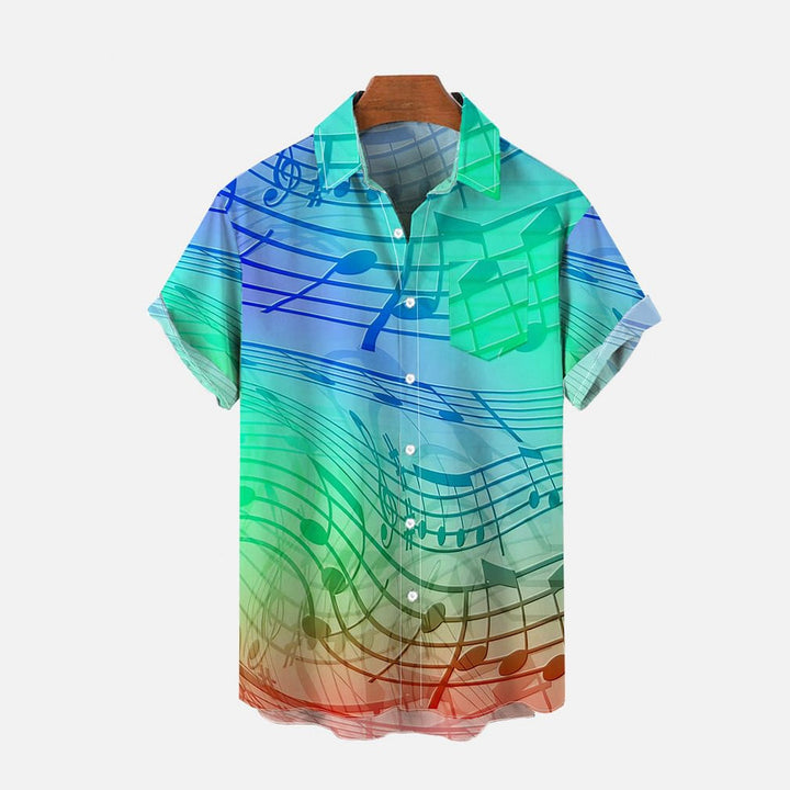 Gradient Music Note Print Chest Pocket Short Sleeve Shirt