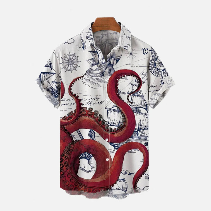 Vintage Casual Octopus Nautical Print Short Sleeve Shirt