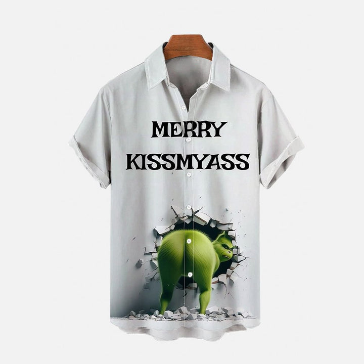 Merry Kissmyass Funny Christmas Green Hairy Monster Printing Short Sleeve Shirt