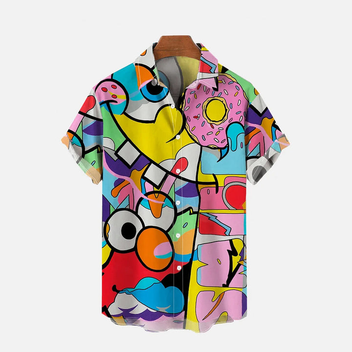 Colorful Blocks And Cartoon Donut Short-Sleeved Shirt