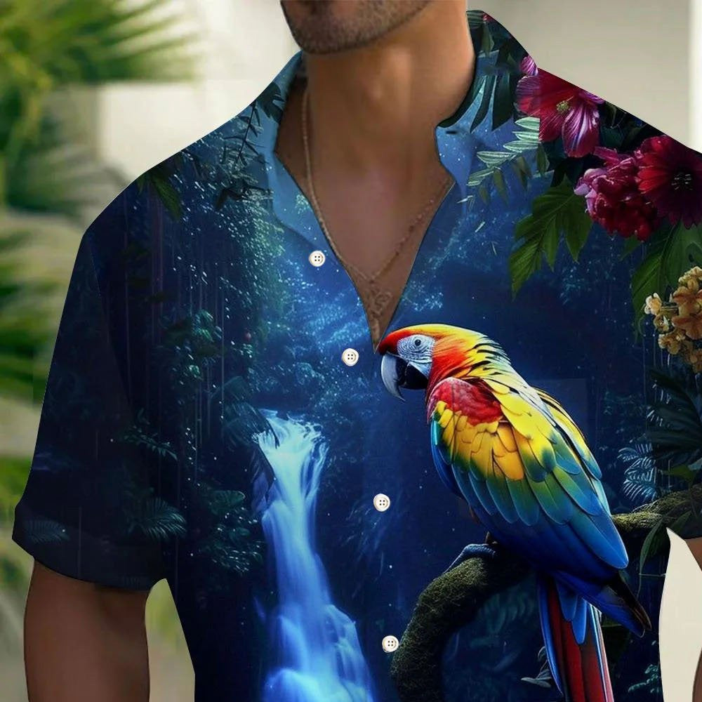 Hawaiian Parrot Print Oversized Bamboo Linen Short Sleeve Shirt