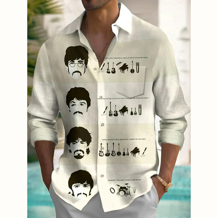 Retro Music Geometric Color Block 3D Digital Print Men's Button Pocket Long Sleeve Shirt