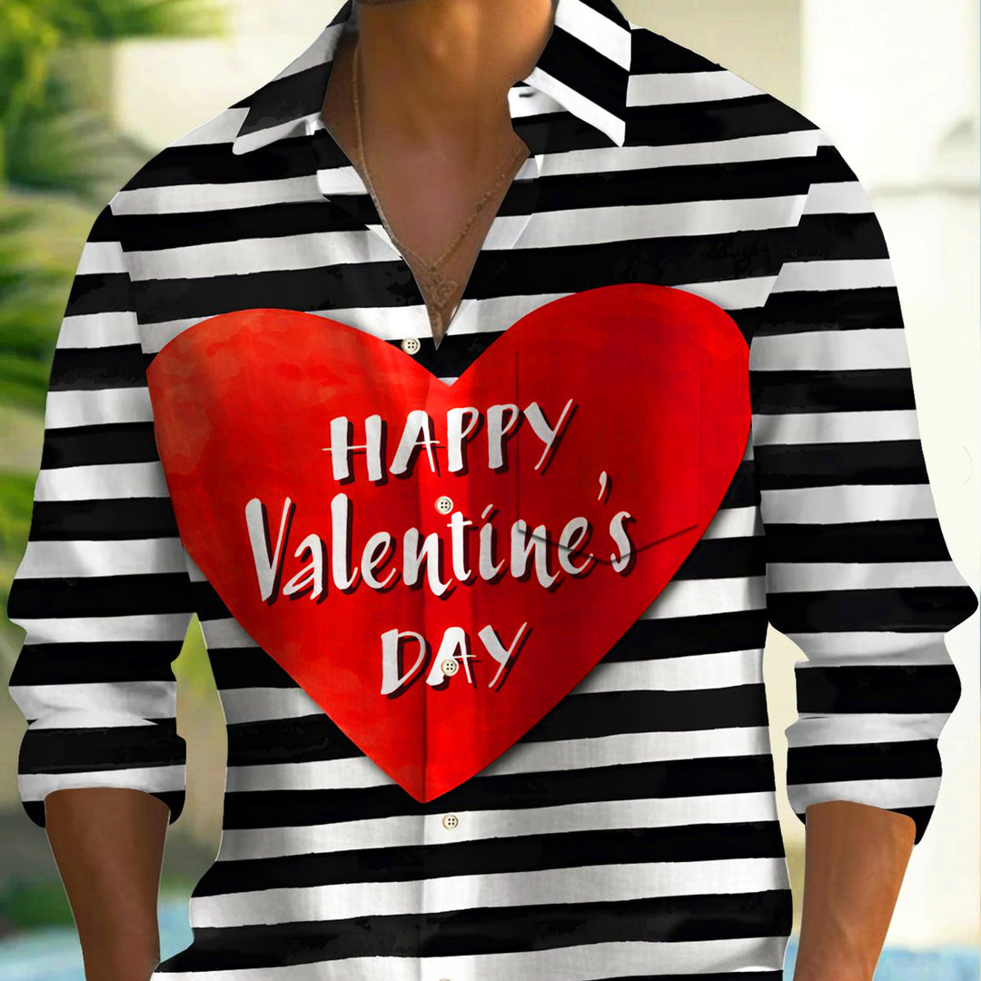 Valentine's Day Horizontal Striped Love Print Men's Button Pocket Long Sleeved Shirt