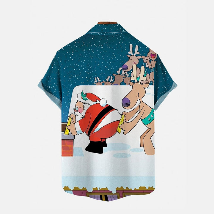 Cartoon Santa Claus Measuring The Chimney Printing Short Sleeve Shirt