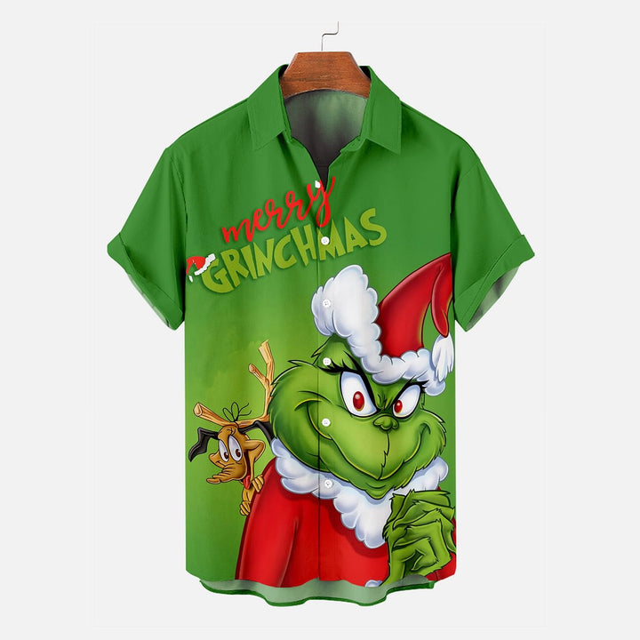 Christmas Cartoon Green Monster And Puppy Print Short Sleeve Shirt