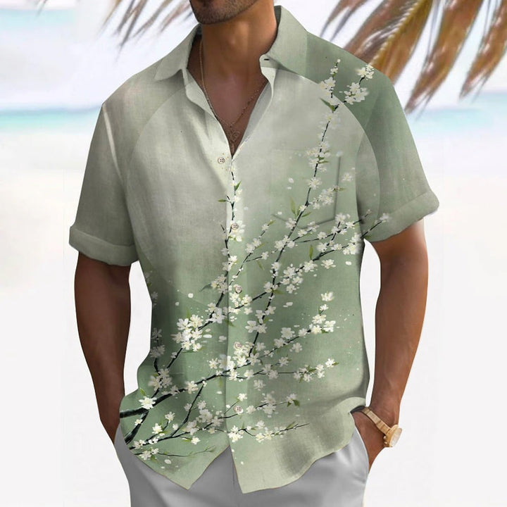 Men's Plum Blossom Large Size Bamboo Linen Short Sleeve Shirt