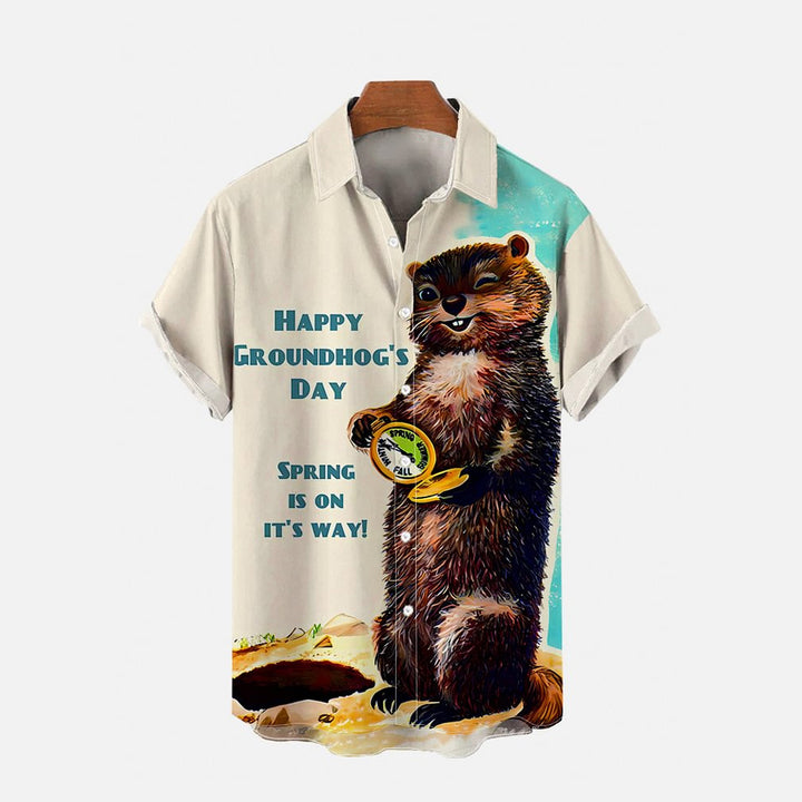 Spring Is Coming Happy Groundhog Day Printing Short Sleeve Shirt