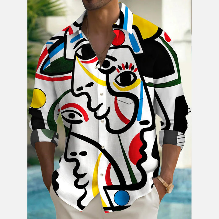 Vintage Men's Face Art Print Chest Pocket Stretch Long Sleeve Shirt Big Tall