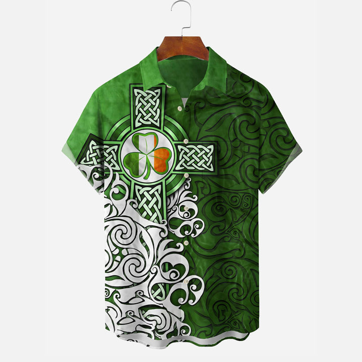 St. Patrick's Day Irish Cross Shamrock Green Lucky Print Men's Chest Pocket Shirt