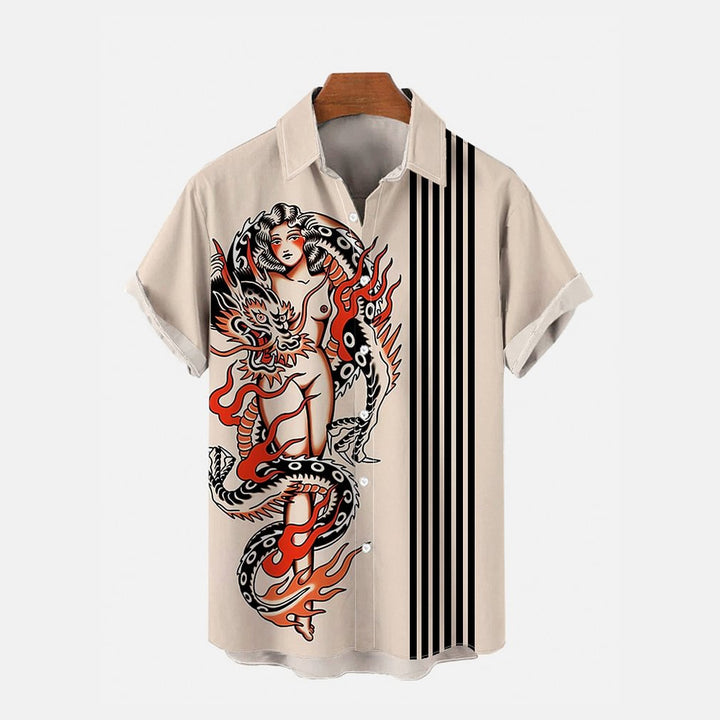 Classic Camping Tattoo Dragon Girl And Stripes Printing Short Sleeve Shirt