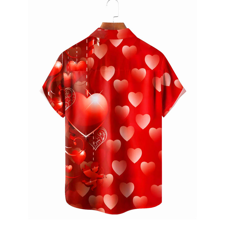 Valentine's Day Heart Gradient Print Men's Button Pocket Short Sleeve Shirt