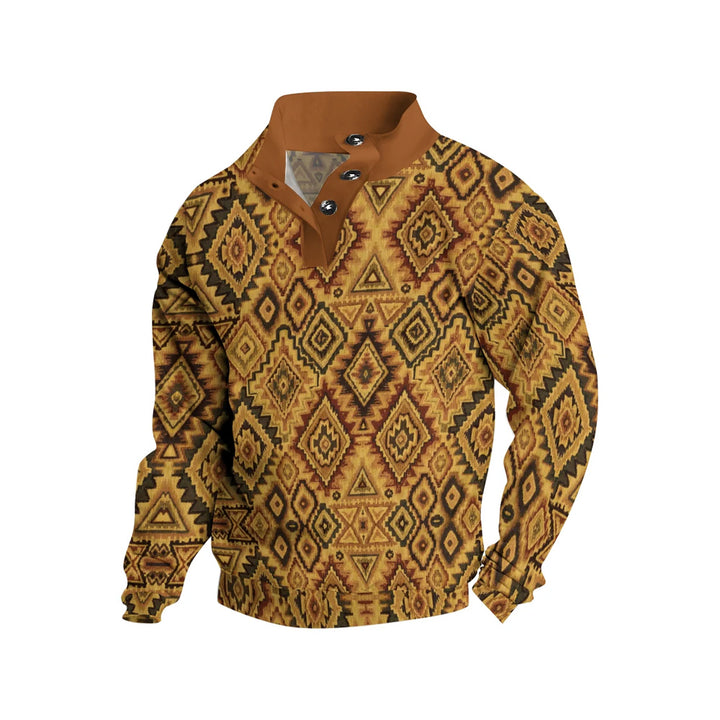 Men's Button Retro Geometric Rhombus Printed Casual Long Sleeve Sweatshirt 2410002512